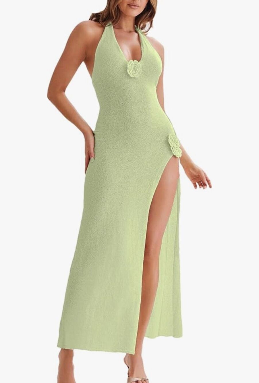 SHEIN Lime green knitted halter dress with deep slit - XS